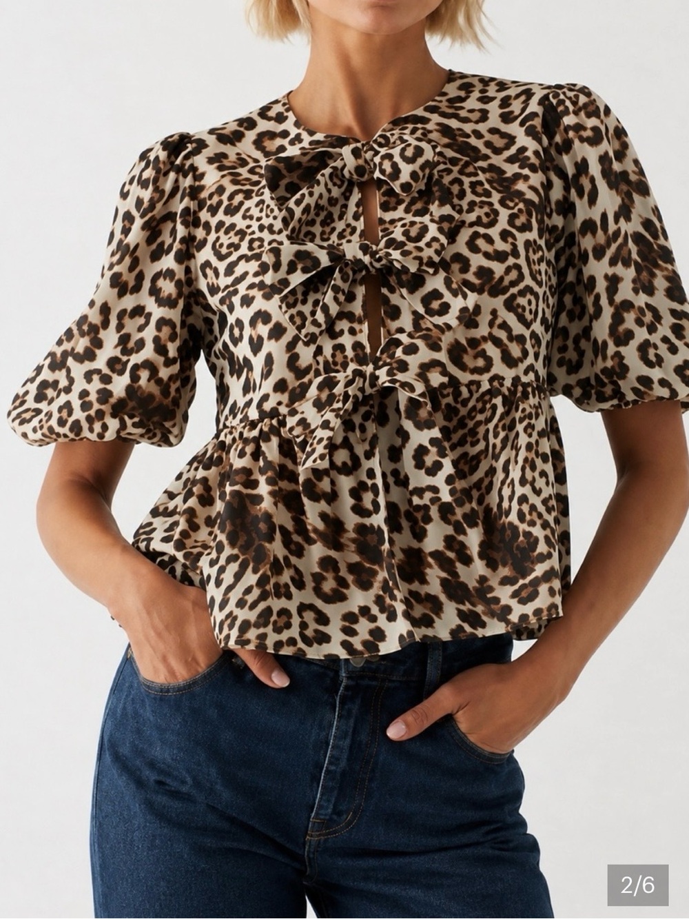 Peppermayo Western Wind Leopard  Ruffle Peplum Tie Top Blouse Bell Sleeves